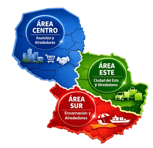 Mapa de Paraguay: Área Centro (Asunción y alrededores), Área Este (Ciudad del Este y alrededores) y Área Sur (Encarnación y alrededores)